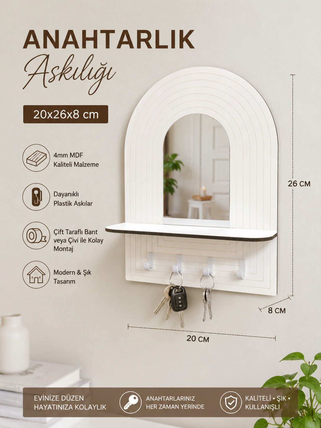 MDF Duvar Tipi Anahtarlık – Dekoratif Anahtar Askılığı 20x26 cm