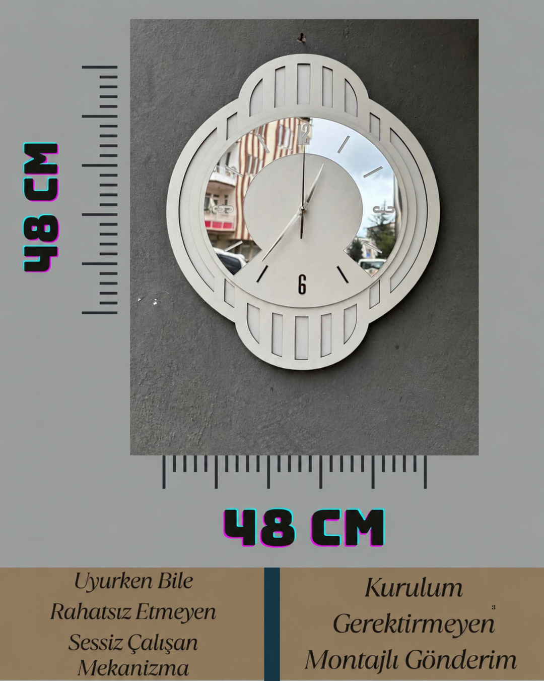 Luxury Aynalı Duvar Saati 48 CM – Modern Sessiz Çalışan Dekoratif MDF Saat