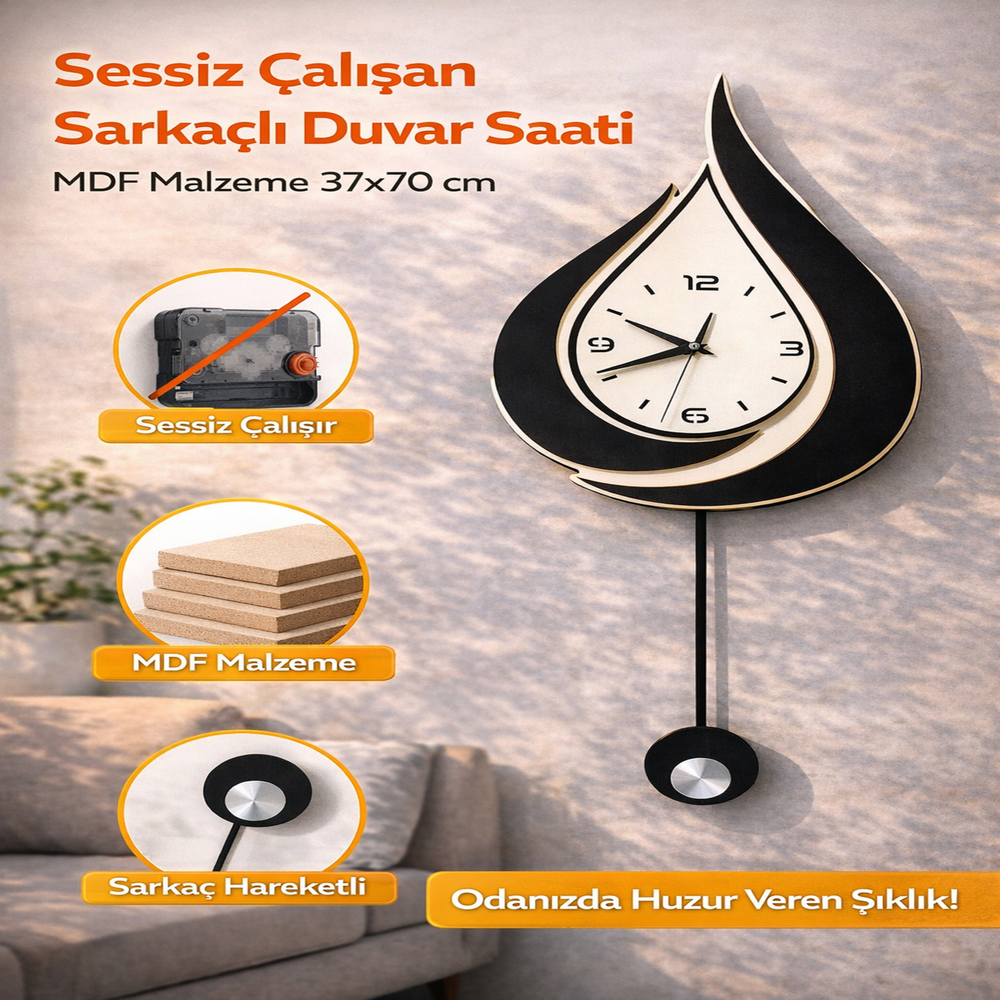 Modern Sessiz Sarkaçlı Duvar Saati – Siyah Beyaz MDF Dekoratif Salon Saati 37x70 cm