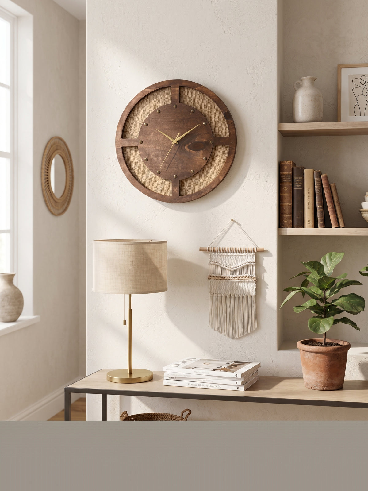 Hasır Dokulu El Yapımı 10 mm Ahşap Duvar Saati (41x41 cm)