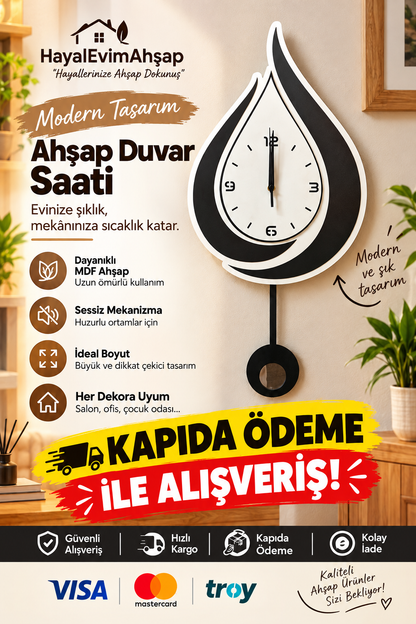 Modern Sessiz Sarkaçlı Duvar Saati – Siyah Beyaz MDF Dekoratif Salon Saati 37x70 cm