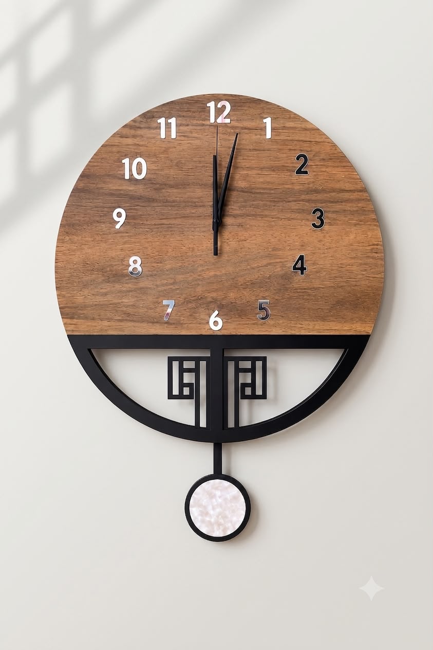 Doğal Ahşap Görünümlü Sessiz Duvar Saati – Modern Sarkaçlı Ev Dekor Saati 40x65 CM