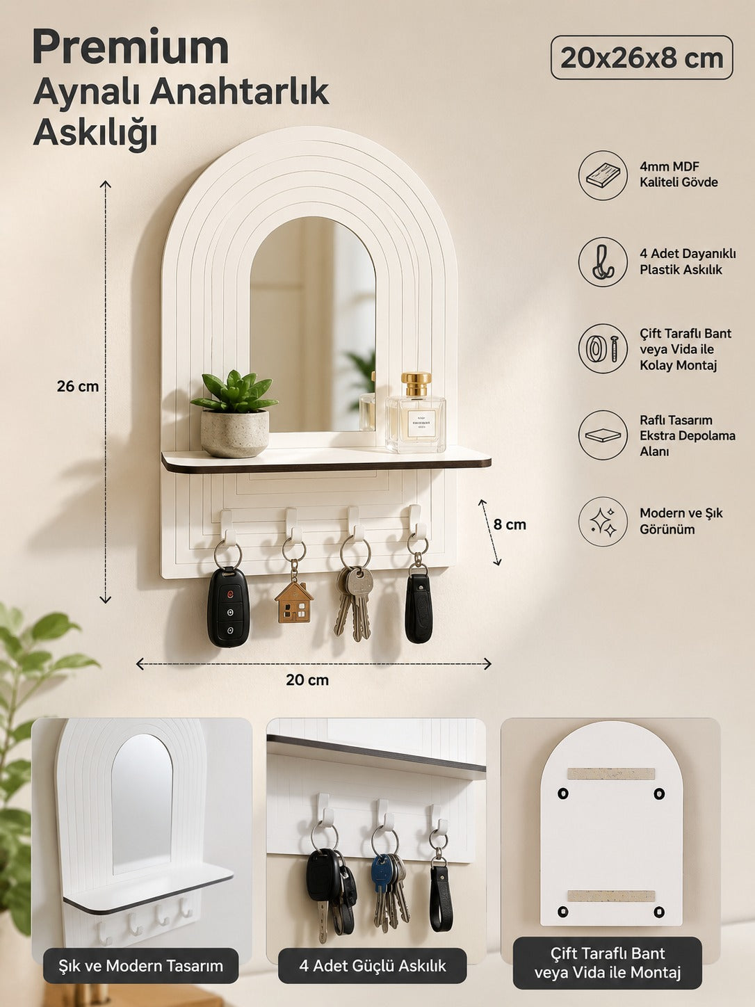 MDF Duvar Tipi Anahtarlık – Dekoratif Anahtar Askılığı 20x26 cm