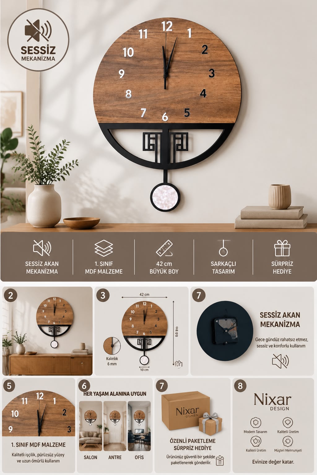 Doğal Ahşap Görünümlü Sessiz Duvar Saati – Modern Sarkaçlı Ev Dekor Saati 40x65 CM