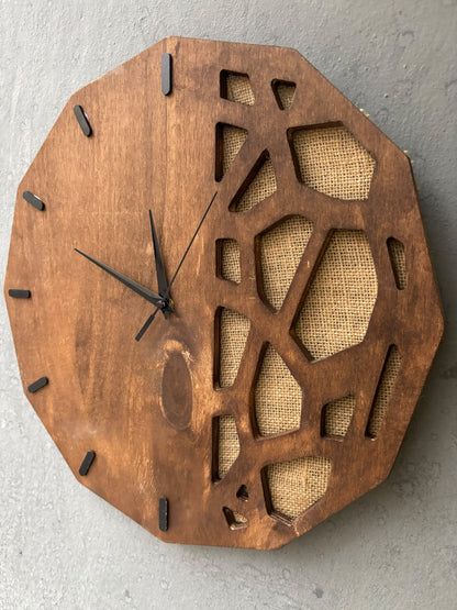Ahşap Duvar Saati 41x41 cm | El Yapımı Doğal Ahşap Geometrik Jüt Detaylı Dekoratif Saat