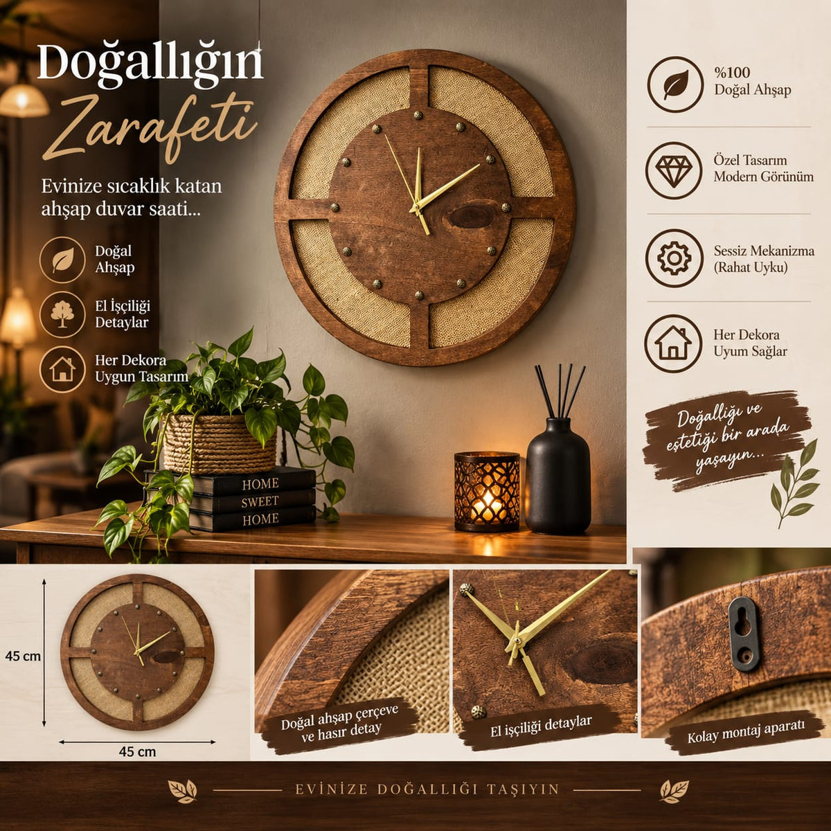 Hasır Dokulu El Yapımı 10 mm Ahşap Duvar Saati (41x41 cm)