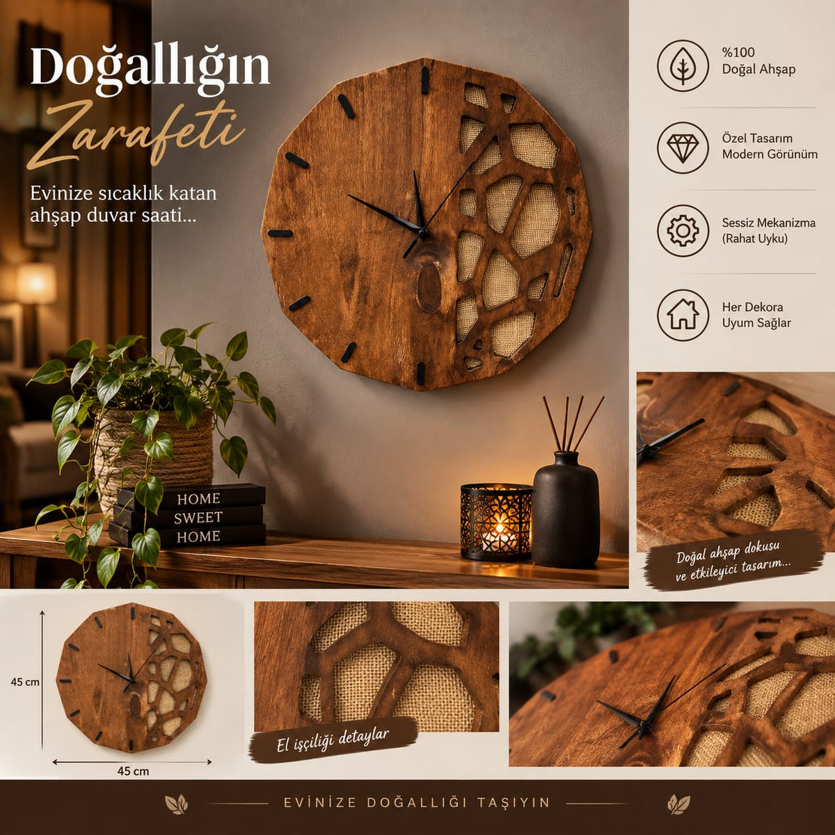 Ahşap Duvar Saati 41x41 cm | El Yapımı Doğal Ahşap Geometrik Jüt Detaylı Dekoratif Saat