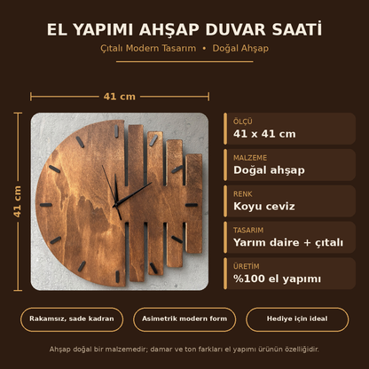 El Yapımı Çıtalı Ahşap Duvar Saati 41x41 cm | Rustik Dekoratif Saat