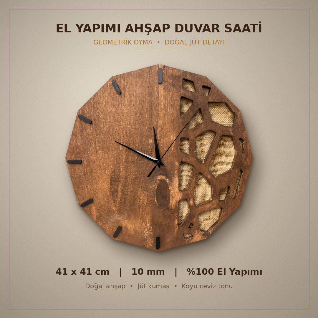 Ahşap Duvar Saati 41x41 cm | El Yapımı Doğal Ahşap Geometrik Jüt Detaylı Dekoratif Saat