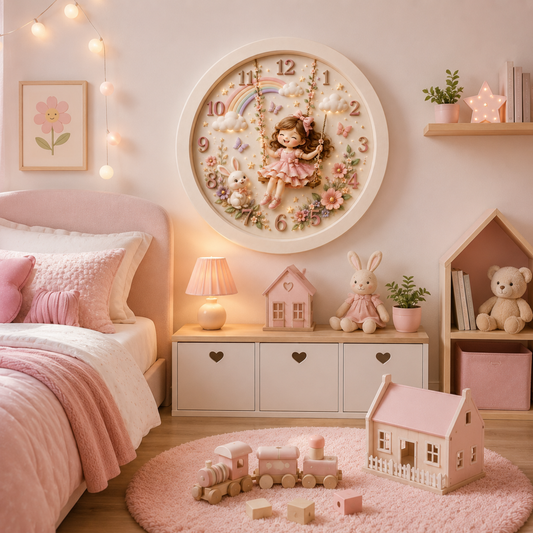 Kız Çocuk Odası Duvar Saati 41x41 CM – Sessiz Gökkuşağı Temalı Dekoratif Saat