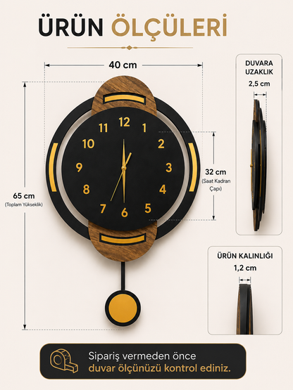 Modern Sarkaçlı Duvar Saati 40x65 cm – Sessiz Mekanizmalı Ahşap Desenli Dekoratif Duvar Saati
