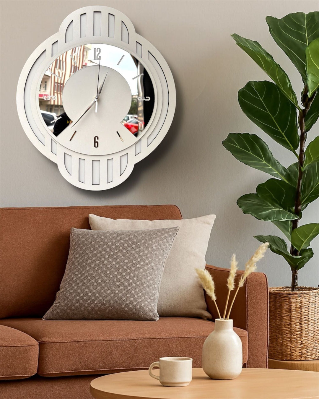 Luxury Aynalı Duvar Saati 48 CM – Modern Sessiz Çalışan Dekoratif MDF Saat
