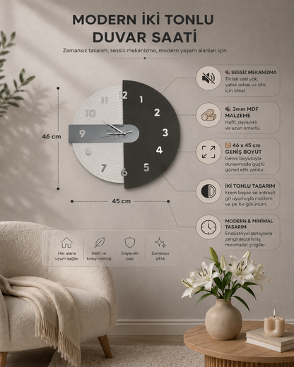 Modern İki Tonlu Duvar Saati – Sessiz Mekanizmalı Dekoratif MDF Saat 46x45 cm