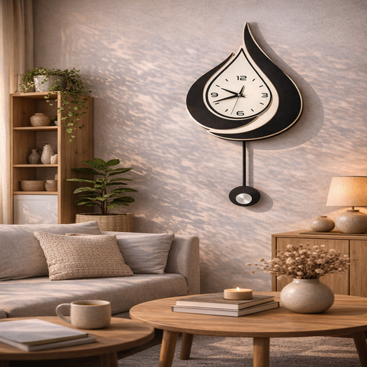 Modern Sessiz Sarkaçlı Duvar Saati – Siyah Beyaz MDF Dekoratif Salon Saati 37x70 cm