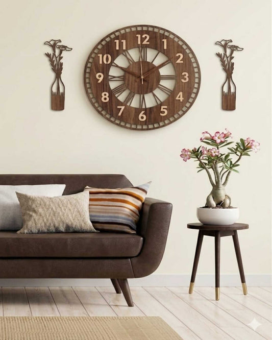 Ahşap Duvar Saati – Açık Kadran Rustik Modern Sessiz Dekoratif Saat 41x41 cm
