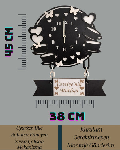 Kişiye Özel İsimli Mutfak Saati – Kelebek & Kalp Figürlü Sessiz MDF Duvar Saati 38x45 cm