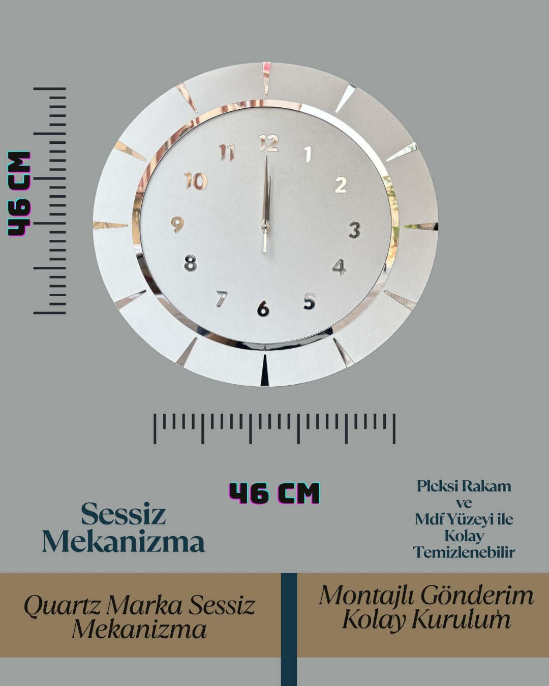 Modern Aynalı Duvar Saati 46 CM – Sessiz Mekanizmalı Gümüş Pleksi Dekoratif Saat