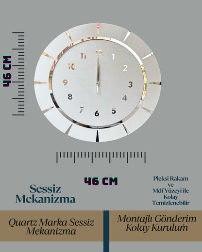 Modern Aynalı Duvar Saati 46 CM – Sessiz Mekanizmalı Gümüş Pleksi Dekoratif Saat