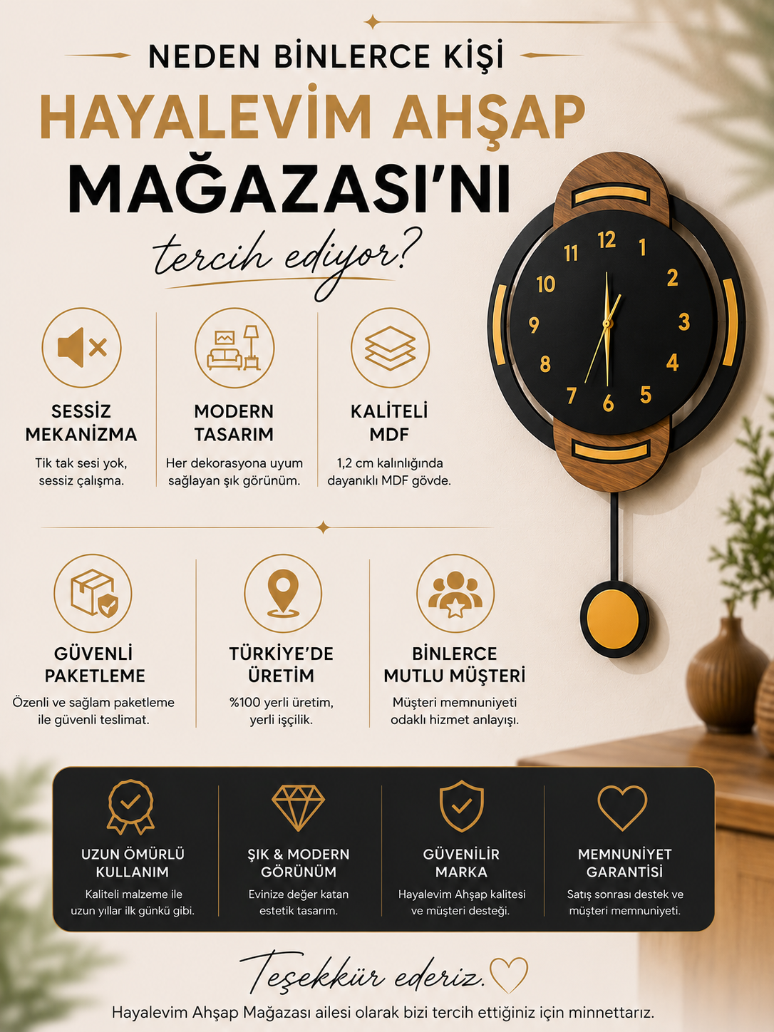 Modern Sarkaçlı Duvar Saati 40x65 cm – Sessiz Mekanizmalı Ahşap Desenli Dekoratif Duvar Saati