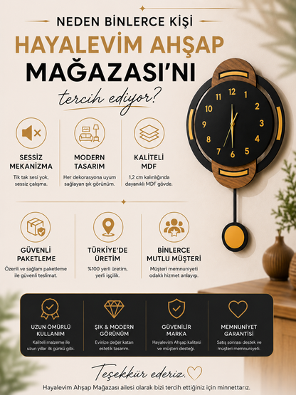 Modern Sarkaçlı Duvar Saati 40x65 cm – Sessiz Mekanizmalı Ahşap Desenli Dekoratif Duvar Saati
