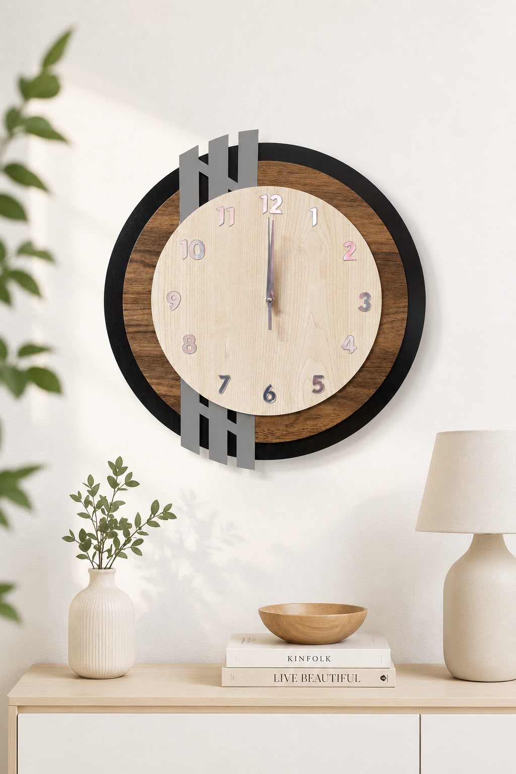 Modern Ahşap Duvar Saati - 43 cm Sessiz Akar Mekanizma & Parlak Pleksi Rakamlı