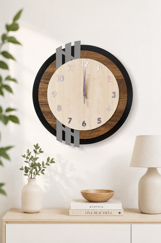 Modern Ahşap Duvar Saati - 43 cm Sessiz Akar Mekanizma & Parlak Pleksi Rakamlı